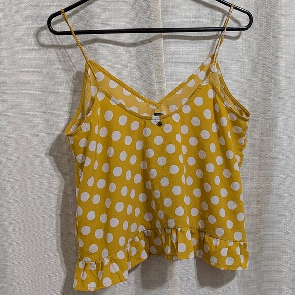 4/$20 Volcom Read the Room Yellow White Polka Dots Tank Top Size L - Picture 1 of 4